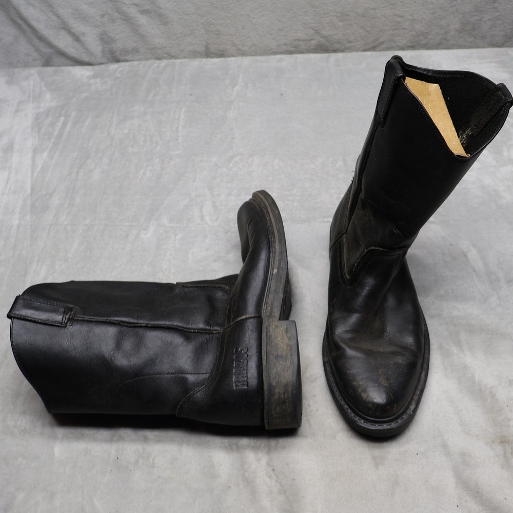 Brazos Men 9 Work Boots Black Leather Pull On Workwear Cowboy Ranch Utility READ